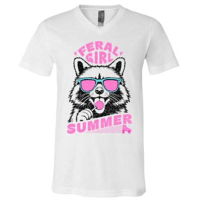 Feral Girl Summer Raccoon Vintage V-Neck T-Shirt