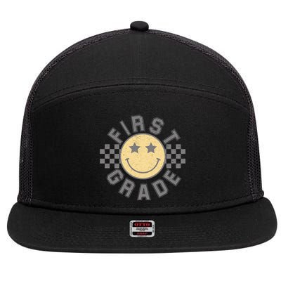 First Grade Star Smile Checker Back To School Retro 7 Panel Mesh Trucker Snapback Hat