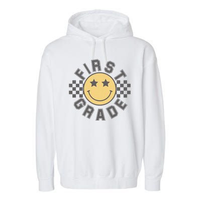First Grade Star Smile Checker Back To School Retro Garment-Dyed Fleece Hoodie