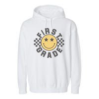 First Grade Star Smile Checker Back To School Retro Garment-Dyed Fleece Hoodie