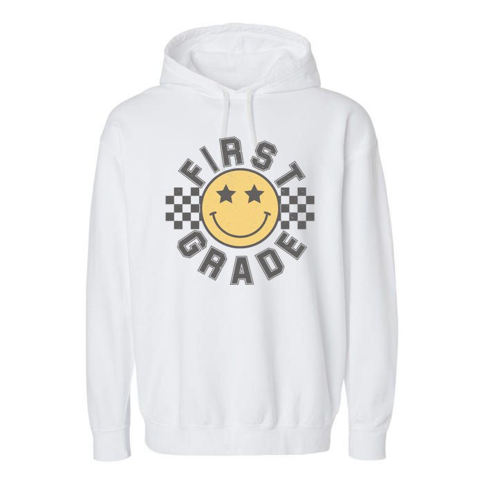 First Grade Star Smile Checker Back To School Retro Garment-Dyed Fleece Hoodie