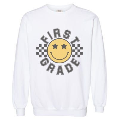 First Grade Star Smile Checker Back To School Retro Garment-Dyed Sweatshirt