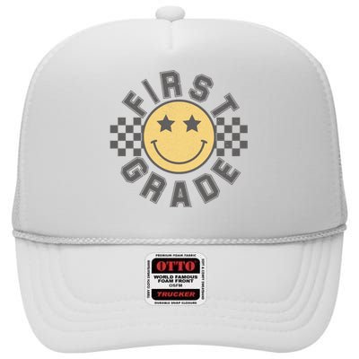 First Grade Star Smile Checker Back To School Retro High Crown Mesh Back Trucker Hat