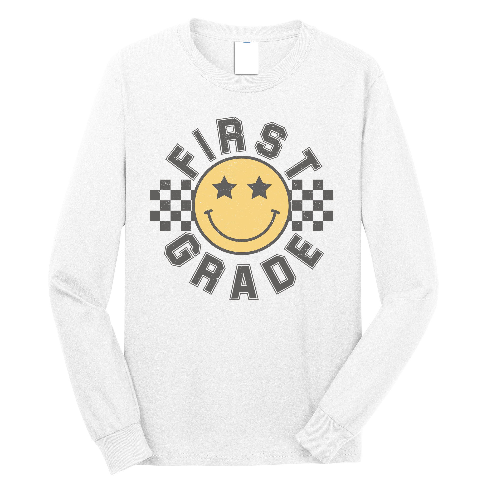 First Grade Star Smile Checker Back To School Retro Long Sleeve Shirt
