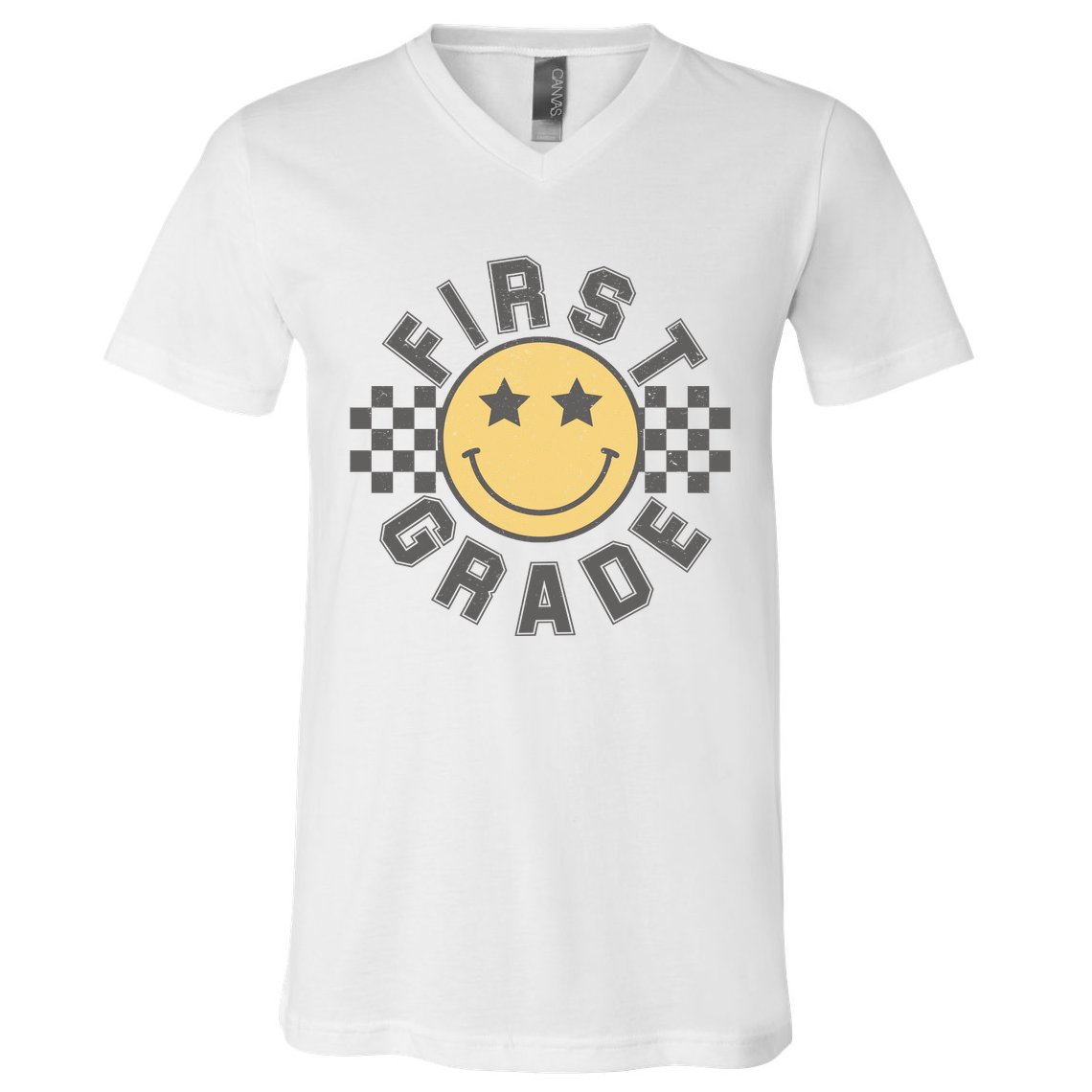 First Grade Star Smile Checker Back To School Retro V-Neck T-Shirt