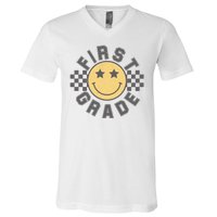 First Grade Star Smile Checker Back To School Retro V-Neck T-Shirt