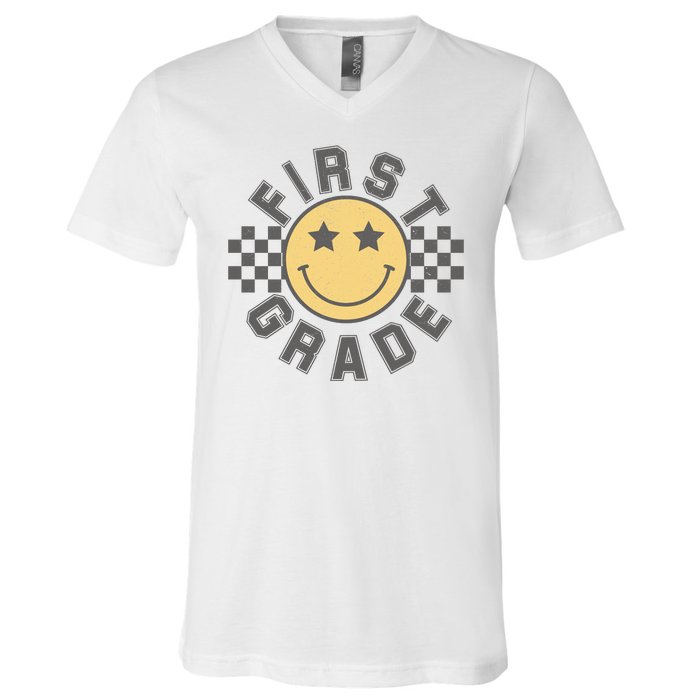 First Grade Star Smile Checker Back To School Retro V-Neck T-Shirt