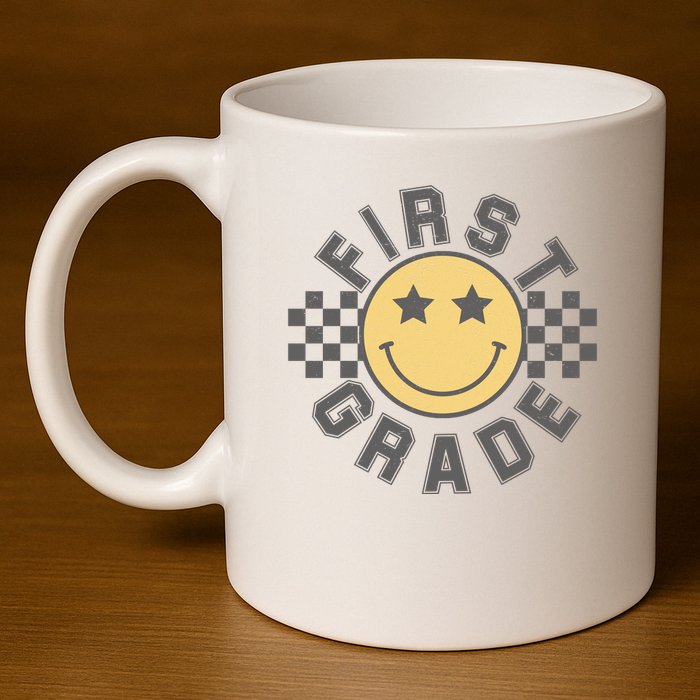 First Grade Star Smile Checker Back To School Retro 11oz C Handle Ceramic Mug