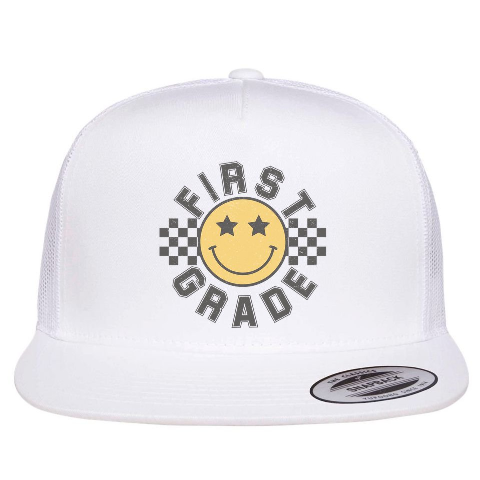 First Grade Star Smile Checker Back To School Retro Flat Bill Trucker Hat