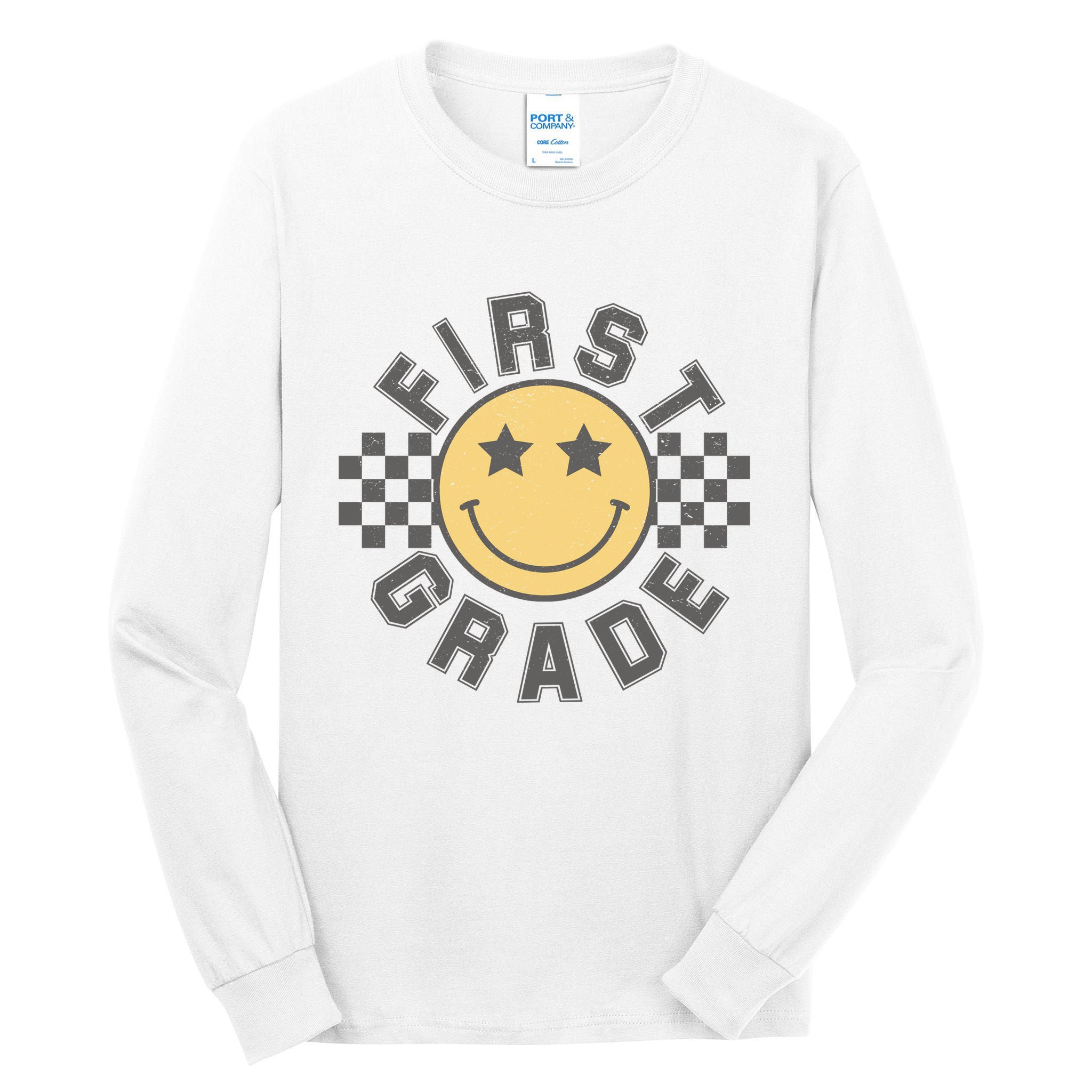 First Grade Star Smile Checker Back To School Retro Tall Long Sleeve T-Shirt