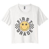 First Grade Star Smile Checker Back To School Retro Women's Crop Top Tee