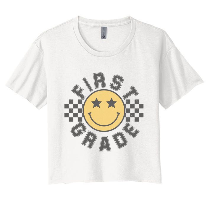 First Grade Star Smile Checker Back To School Retro Women's Crop Top Tee