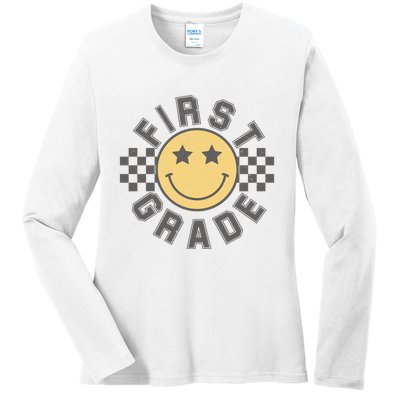 First Grade Star Smile Checker Back To School Retro Ladies Long Sleeve Shirt