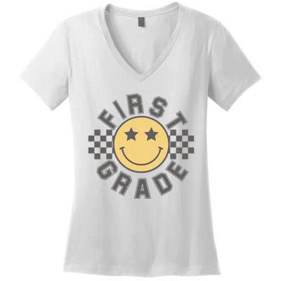 First Grade Star Smile Checker Back To School Retro Women's V-Neck T-Shirt
