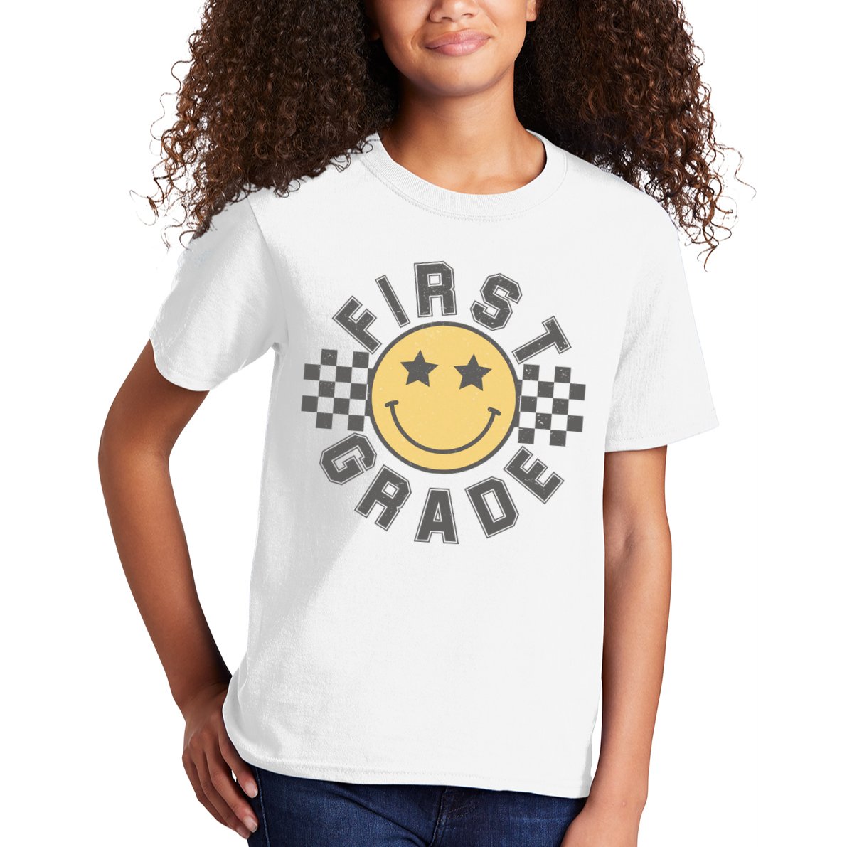 First Grade Star Smile Checker Back To School Retro Kids T-Shirt