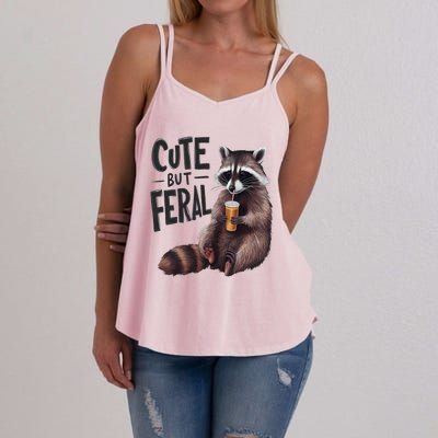 Feral Girl Summer Funny Meme Cute But Feral Raccoon Vacation Women's Strappy Tank