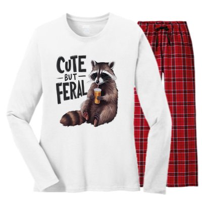 Feral Girl Summer Funny Meme Cute But Feral Raccoon Vacation Women's Long Sleeve Flannel Pajama Set 