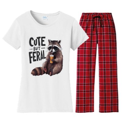 Feral Girl Summer Funny Meme Cute But Feral Raccoon Vacation Women's Flannel Pajama Set