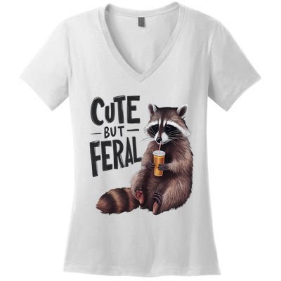 Feral Girl Summer Funny Meme Cute But Feral Raccoon Vacation Women's V-Neck T-Shirt