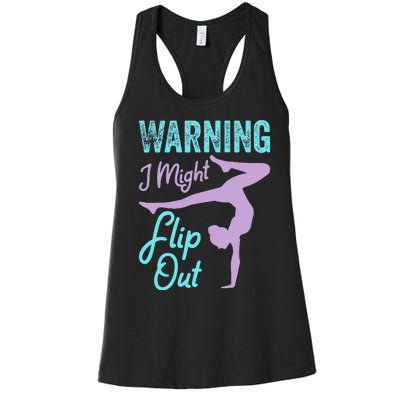 Funny Gymnastics Sport Quote Warning I Might Flip Out Women's Racerback Tank