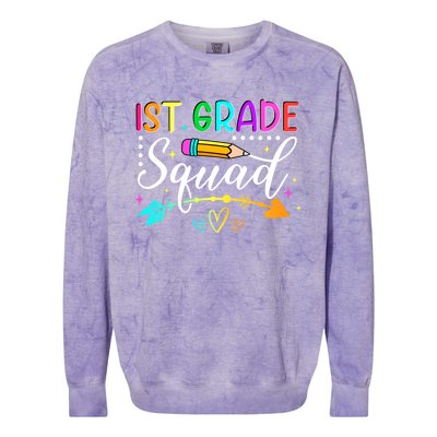 First Grade Squad Groovy First Day Of 1St Grade Teacher Gift Colorblast Crewneck Sweatshirt