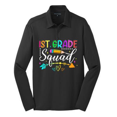 First Grade Squad Groovy First Day Of 1St Grade Teacher Gift Silk Touch Performance Long Sleeve Polo