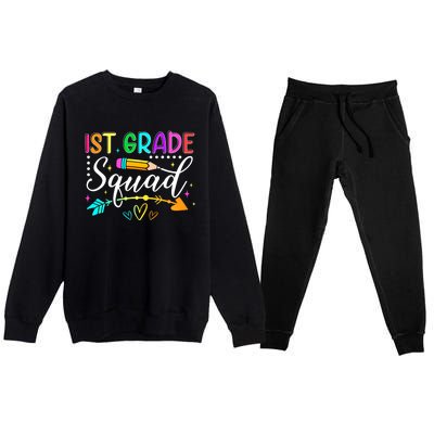 First Grade Squad Groovy First Day Of 1St Grade Teacher Gift Premium Crewneck Sweatsuit Set