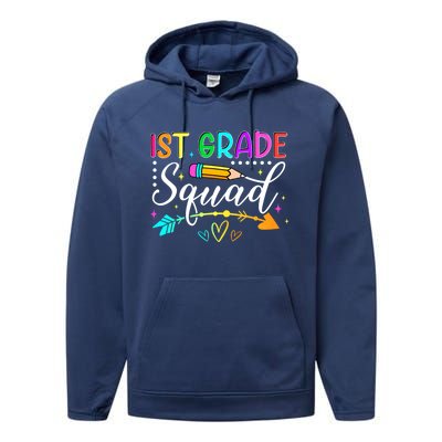 First Grade Squad Groovy First Day Of 1St Grade Teacher Gift Performance Fleece Hoodie