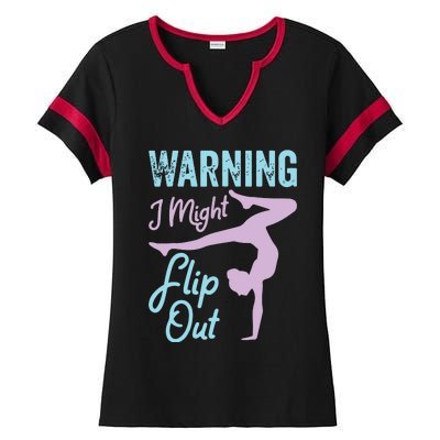 Funny Gymnastics Sport Quote Warning I Might Flip Out Ladies Halftime Notch Neck Tee