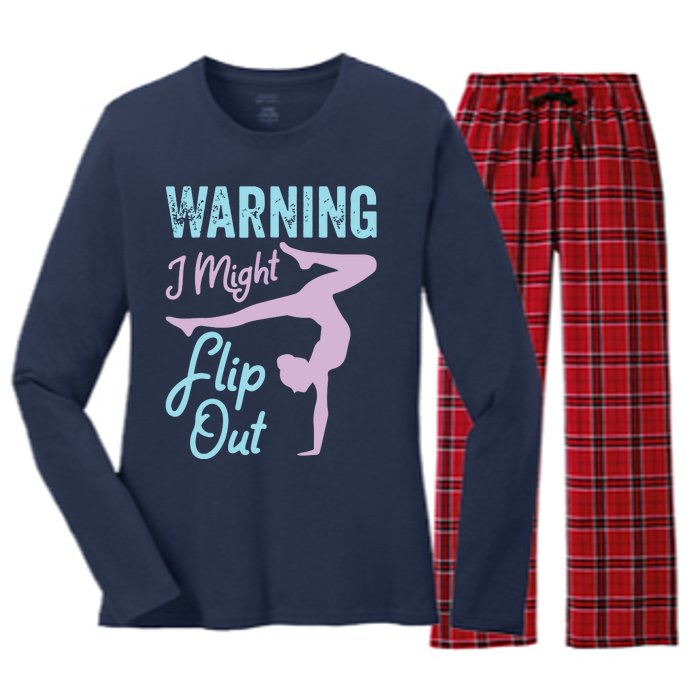 Funny Gymnastics Sport Quote Warning I Might Flip Out Women's Long Sleeve Flannel Pajama Set 