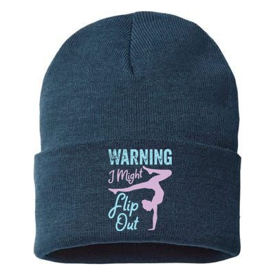 Funny Gymnastics Sport Quote Warning I Might Flip Out Sustainable Knit Beanie