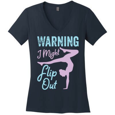 Funny Gymnastics Sport Quote Warning I Might Flip Out Women's V-Neck T-Shirt