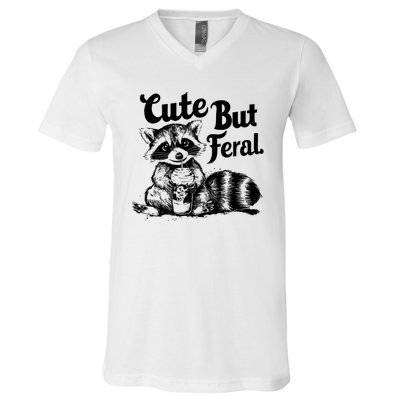 Feral Girl Summer Funny Meme Cute But Feral Raccoon Vacation V-Neck T-Shirt