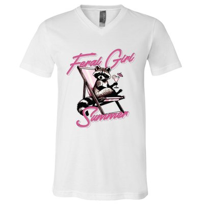 Feral Girl Summer Raccoon V-Neck T-Shirt