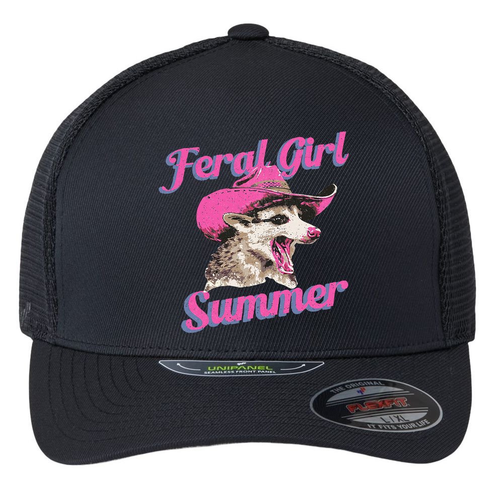 Feral Girl Summer Retro Possum Flexfit Unipanel Trucker Cap