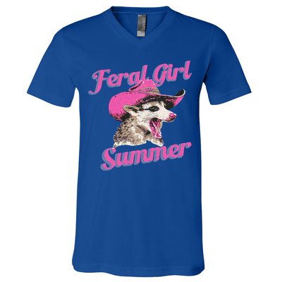 Feral Girl Summer Retro Possum V-Neck T-Shirt