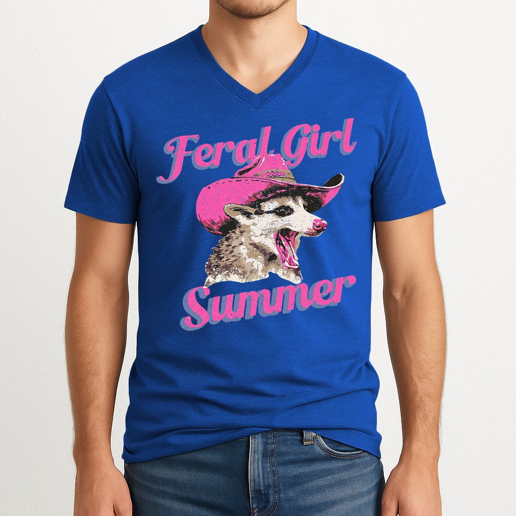 Feral Girl Summer Retro Possum V-Neck T-Shirt