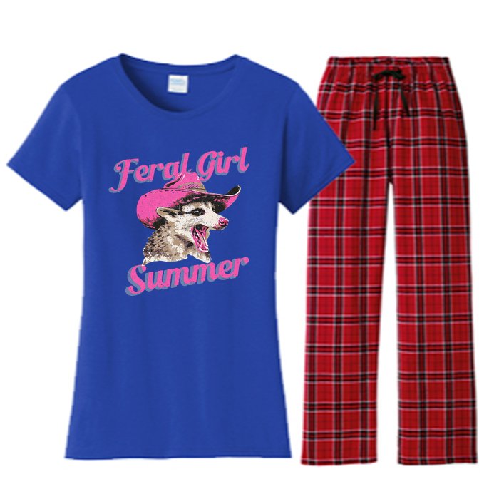 Feral Girl Summer Retro Possum Women's Flannel Pajama Set