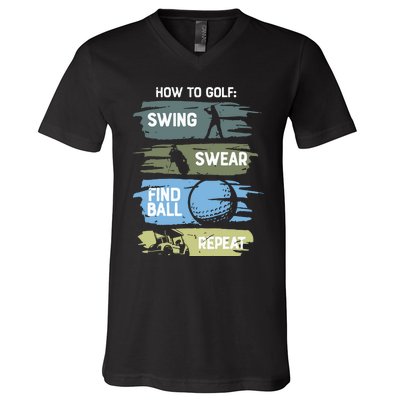 Funny Golf Swing Swear Findball Repeat V-Neck T-Shirt