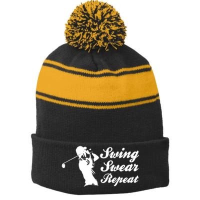 Funny Golf Swing Swear Repeat Male Golfer Version Stripe Pom Pom Beanie