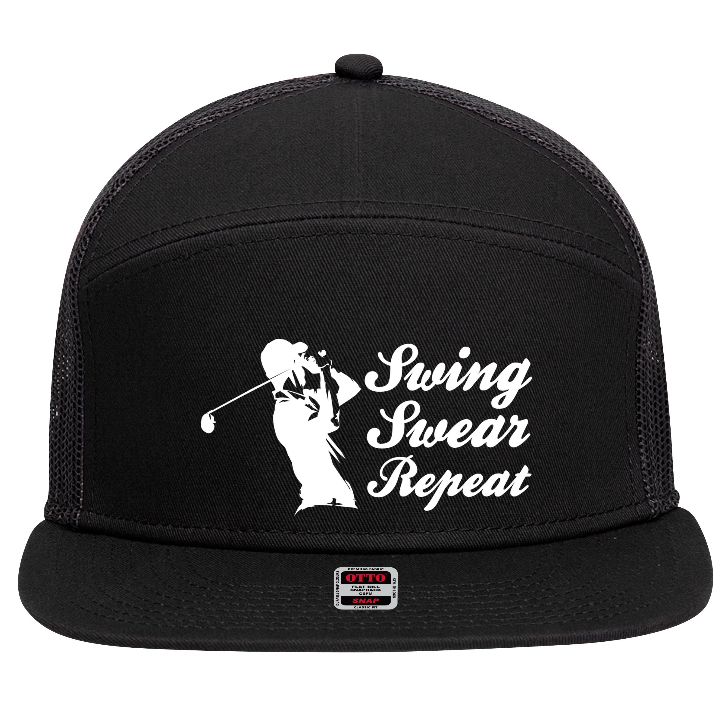 Funny Golf Swing Swear Repeat Male Golfer Version 7 Panel Mesh Trucker Snapback Hat