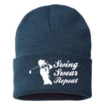 Funny Golf Swing Swear Repeat Male Golfer Version Sustainable Knit Beanie