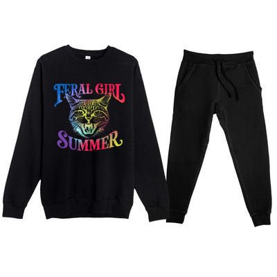 Feral Girl Summer Funny Cat Vintage Premium Crewneck Sweatsuit Set