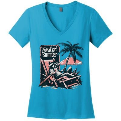 Feral Girl Summer Funny Raccoon Women's V-Neck T-Shirt