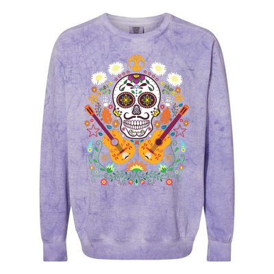 Flower Guitar Skull Day Of The Dead Gifts Mariachi Colorblast Crewneck Sweatshirt