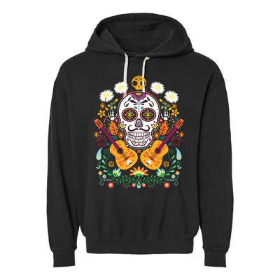 Flower Guitar Skull Day Of The Dead Gifts Mariachi Garment-Dyed Fleece Hoodie