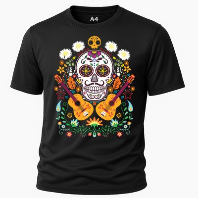 Flower Guitar Skull Day Of The Dead Gifts Mariachi Cooling Performance Crew T-Shirt