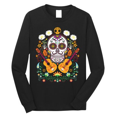 Flower Guitar Skull Day Of The Dead Gifts Mariachi Long Sleeve Shirt