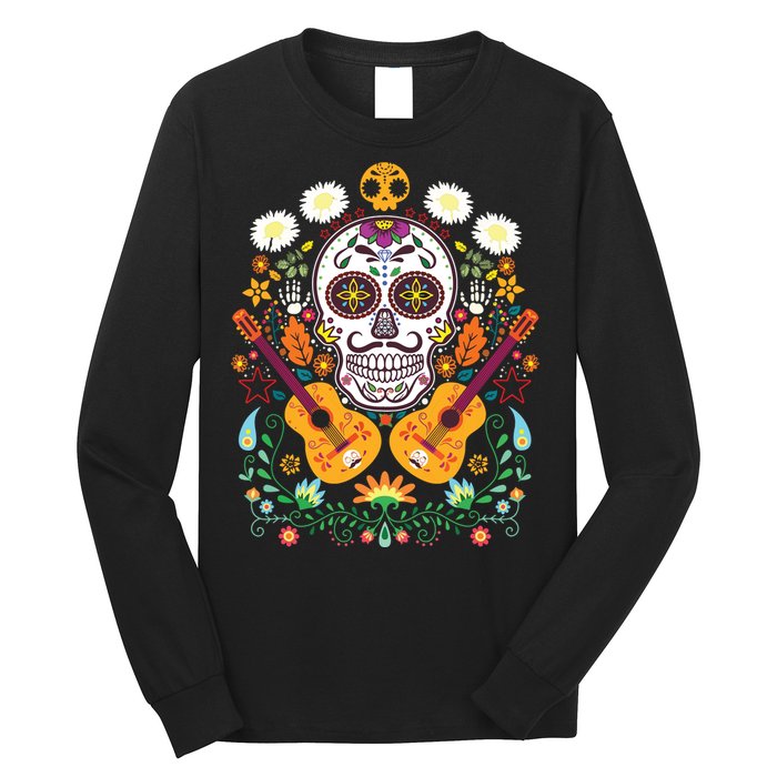 Flower Guitar Skull Day Of The Dead Gifts Mariachi Long Sleeve Shirt