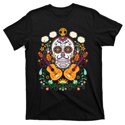 Flower Guitar Skull Day Of The Dead Gifts Mariachi T-Shirt